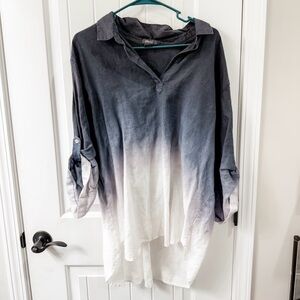 Amici Gradient Black, Blue, White V Neck Collared Long Sleeve Linen Tunic Top XL